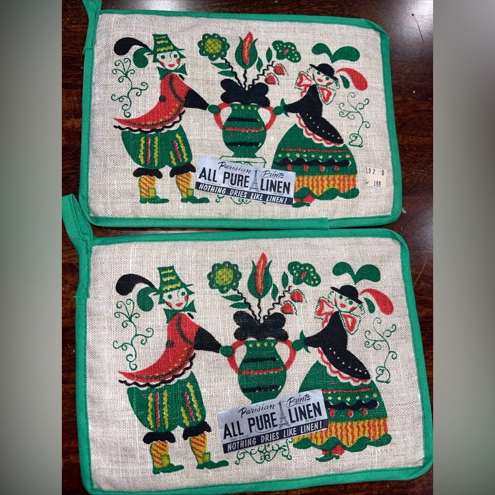 🆕Parisian Prints VTG‎ NOS Pa Dutch couple kitchen pot holder/trivet linen USA
